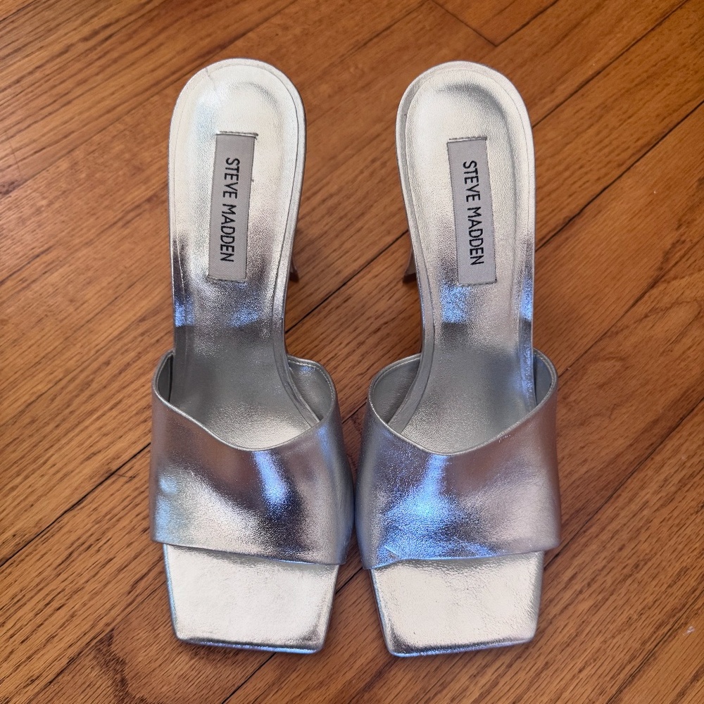 Steve Madden Silver Metallic Slide Heels – Square Toe, Minimalist Mule